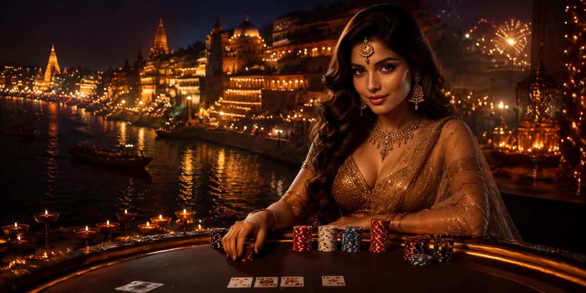 Poker game with Diwali festival lights in Varanasi